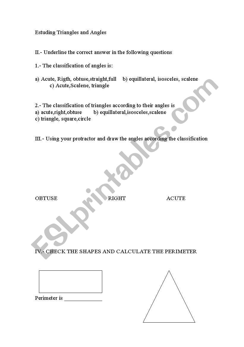 Estuding Triangles and Angles worksheet
