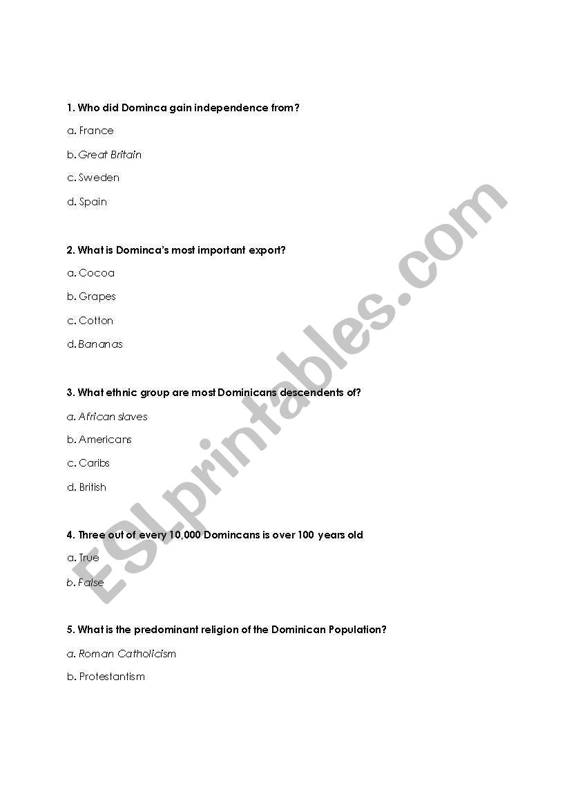 Dominca Quiz worksheet