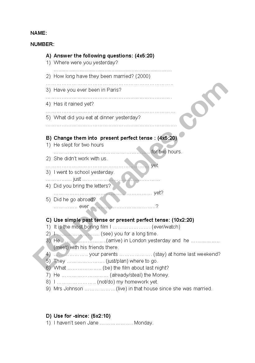 Smple past and present perfect tense exam