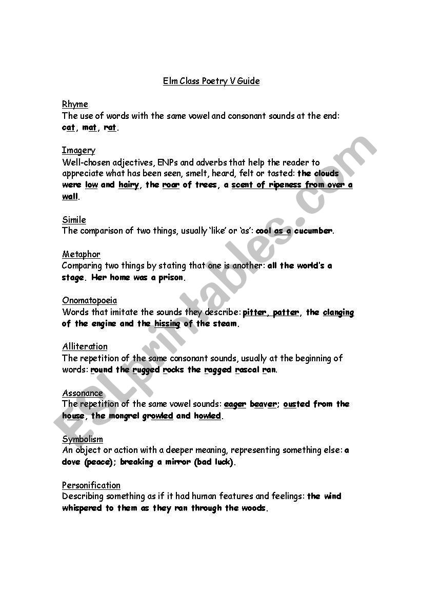 poetry vocabulary guide worksheet
