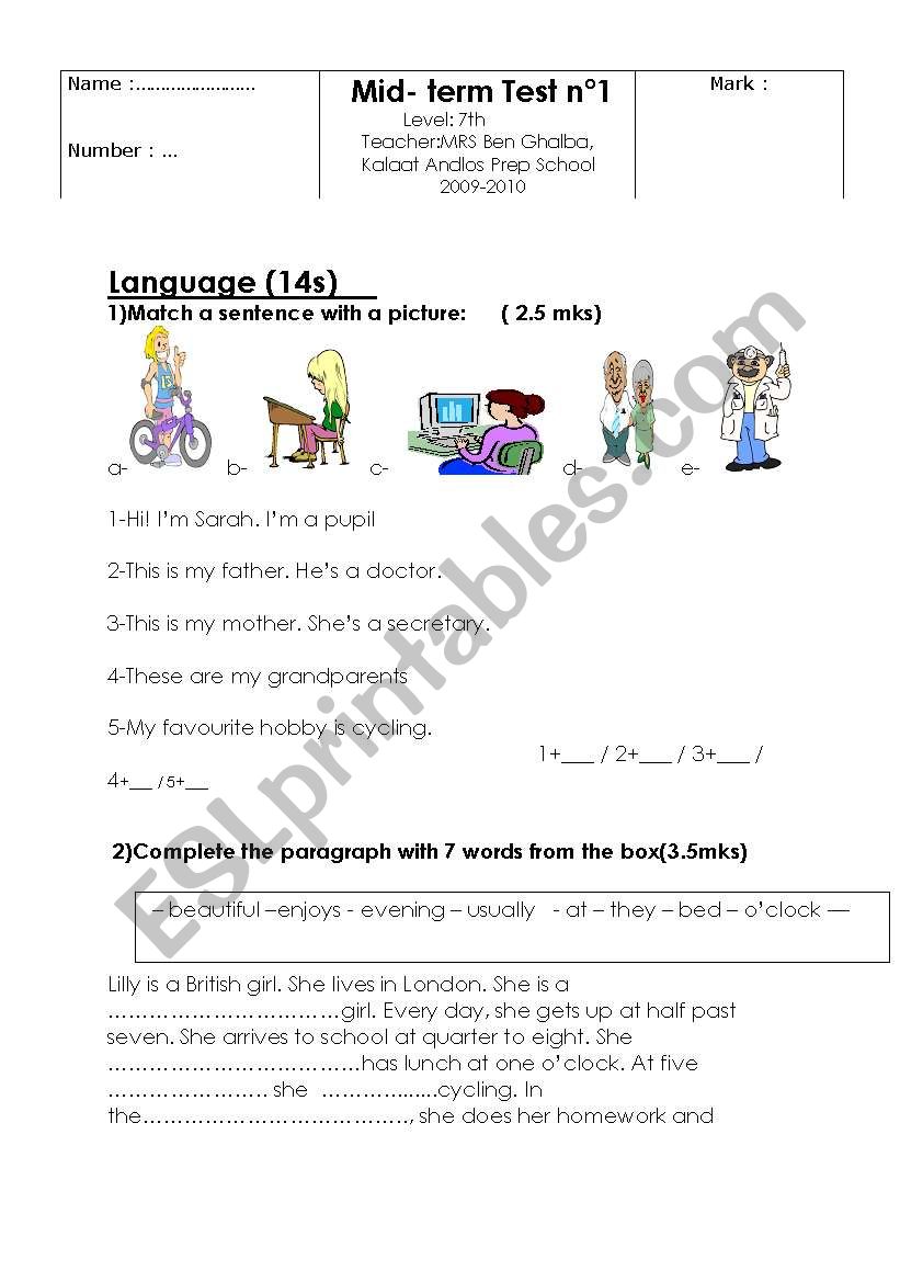 mid term test 1 for 7th worksheet