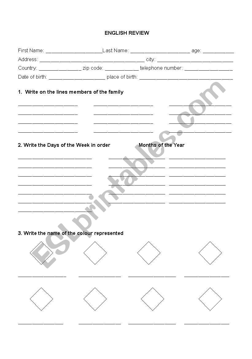 English Review or Level Test worksheet
