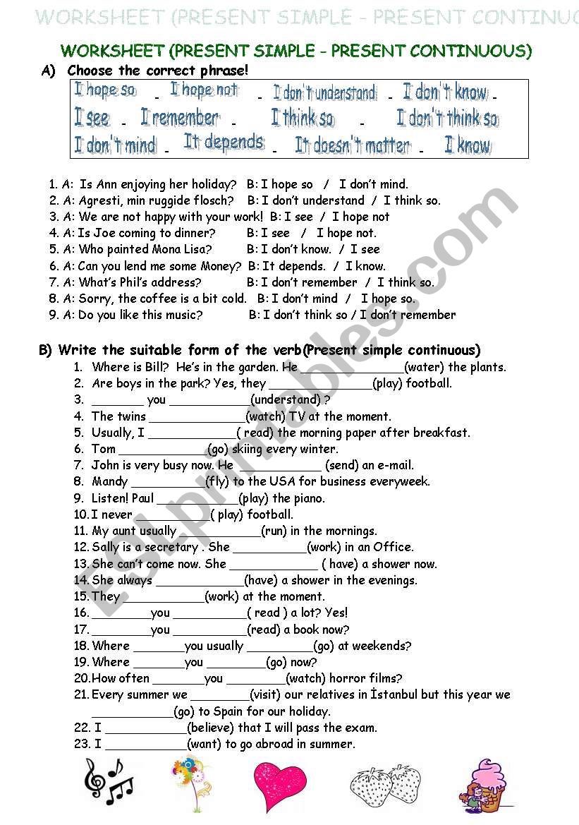 PRESENT SIMPLE Or PRESENT CONTINUOUS STATIVE VERBS ESL Worksheet By 