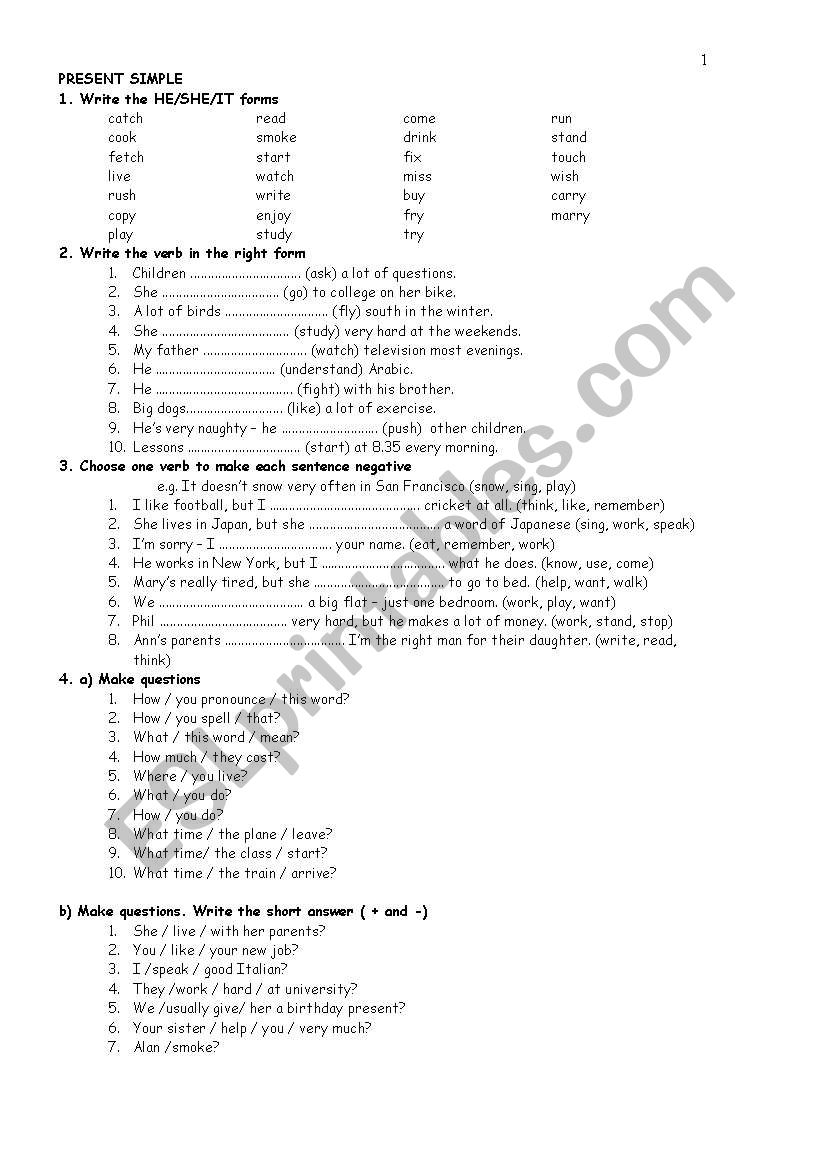 Worksheet about simple present tense and present continuous tense