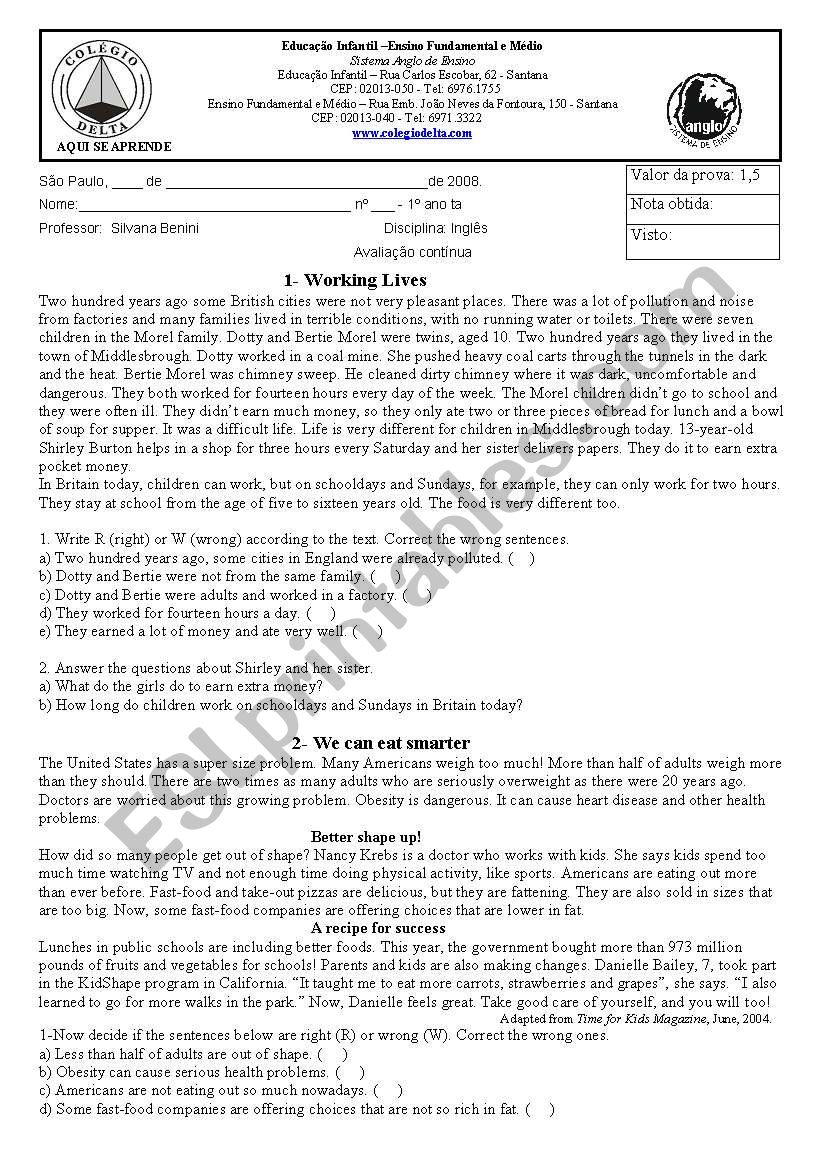 Leitura e compreensão worksheet