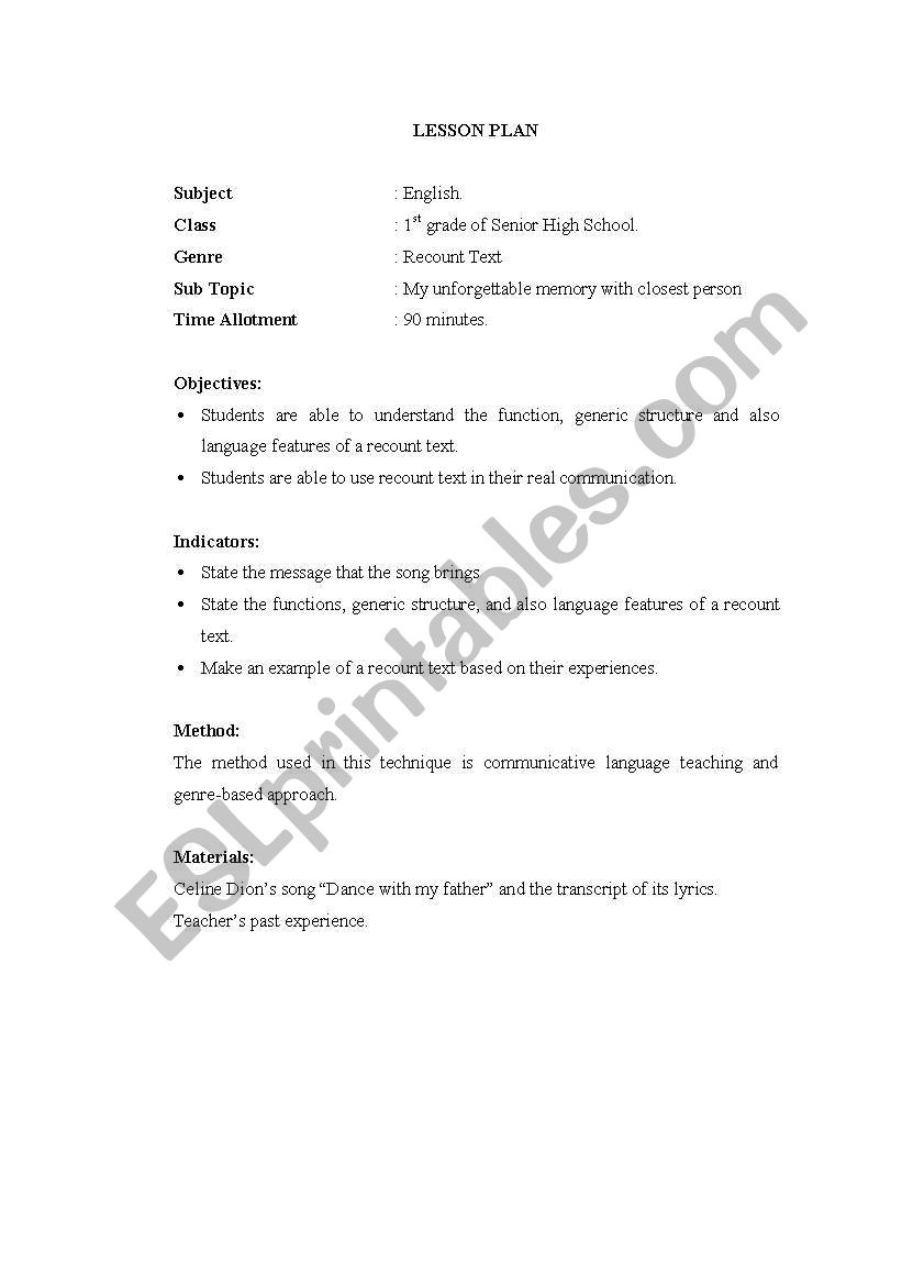 English Lesson Plan worksheet