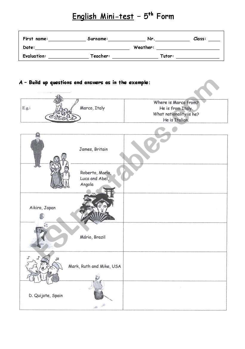 Mini-test - 5º Form_Nationalities - ESL worksheet by andpad