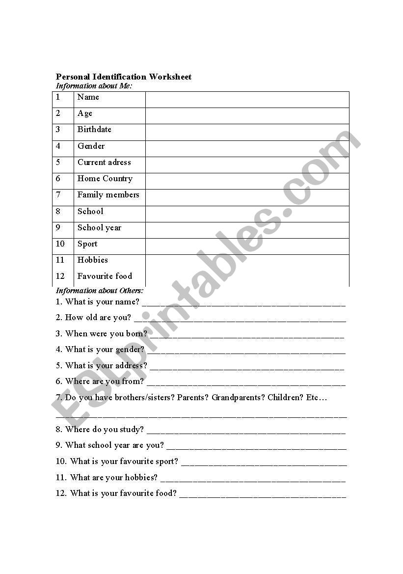 Personal identification worksheet