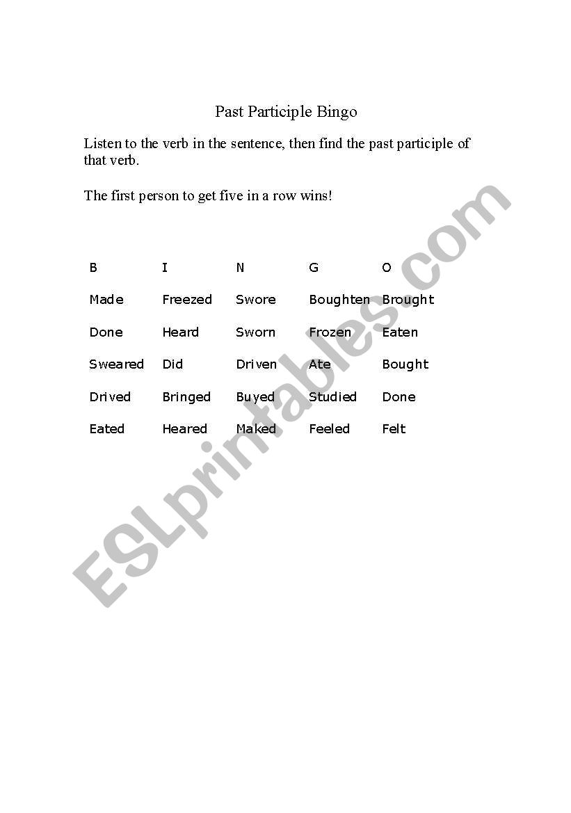 Irregular past participle bingo