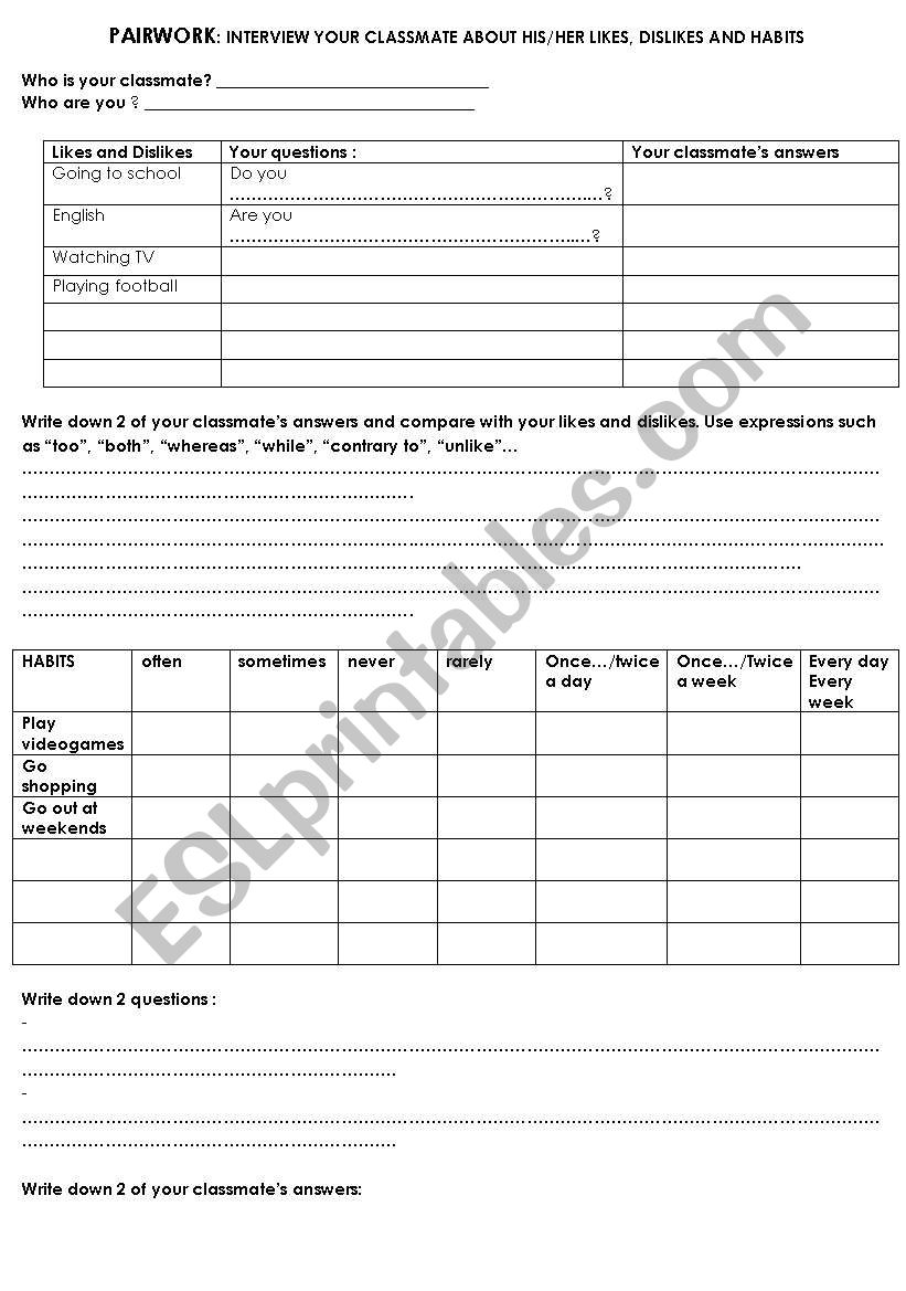 PAIRWORK likes, dislikes and daily routine
