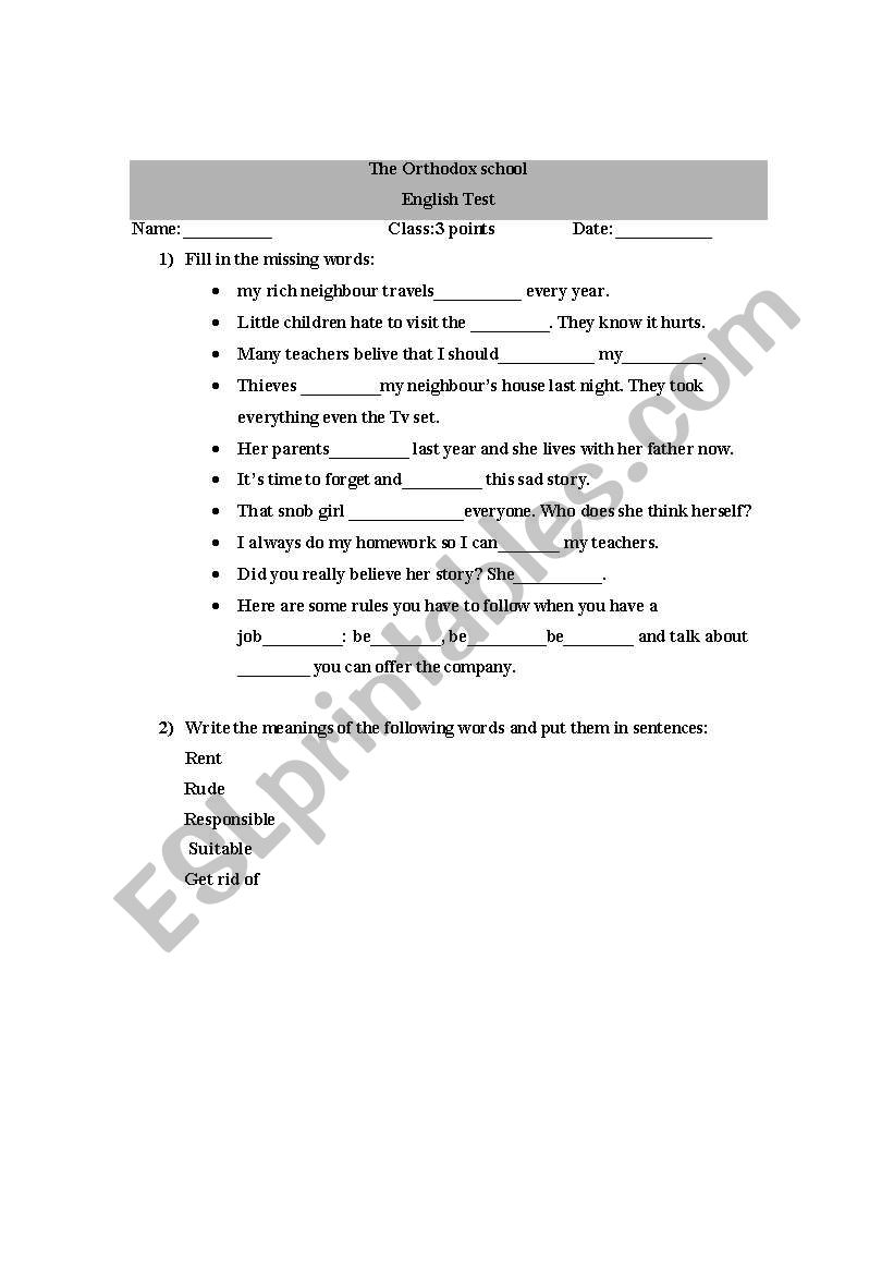 vocabulary test worksheet