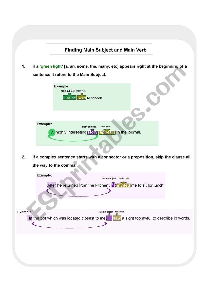 Finding Main Subject and Main Verb