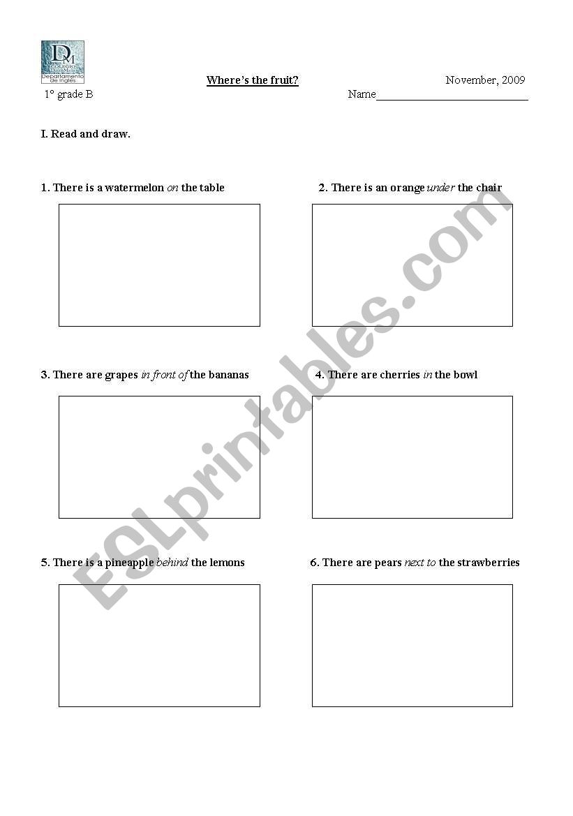 Fruits + prepositions worksheet