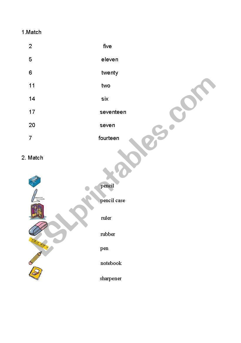 Numbers and school tools worksheet