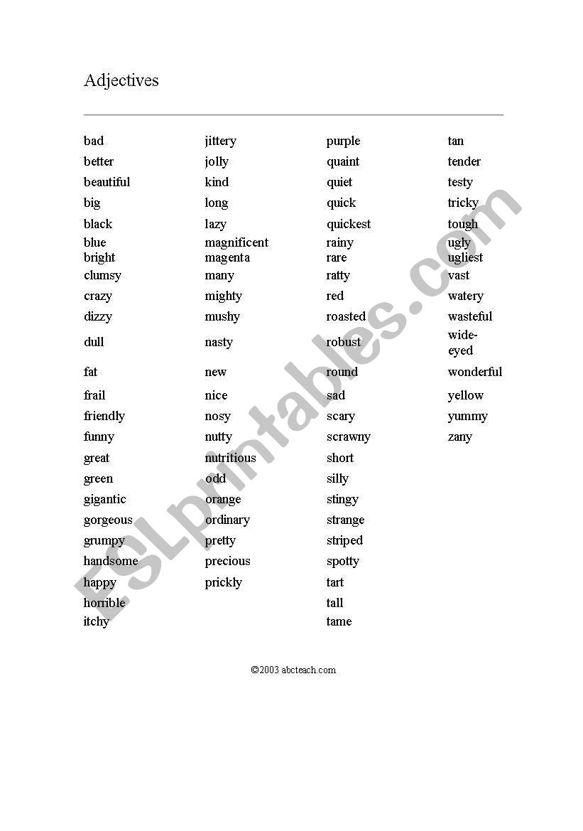 List of useful adjectives worksheet