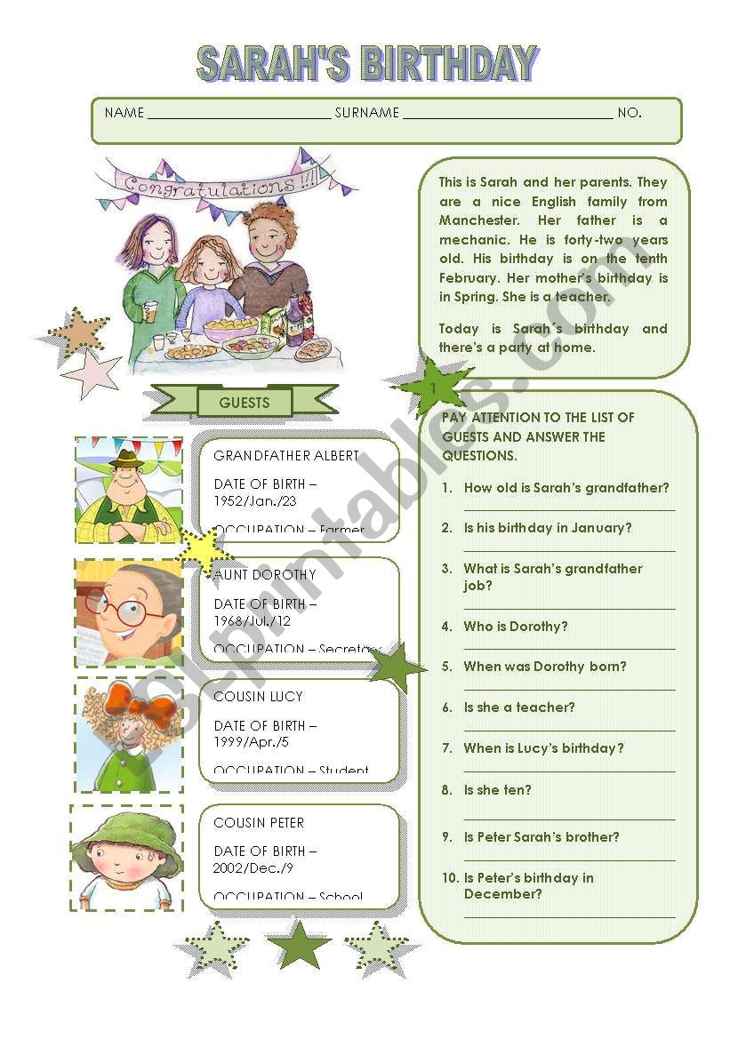 SARAH´S BIRTHDAY - ESL worksheet by mariaolimpia