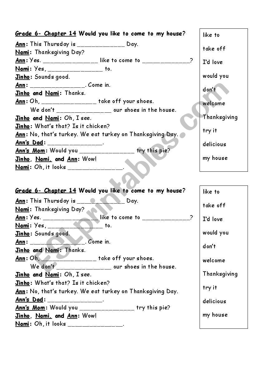 Korean public school- grade 6, chapter 14, dialogue work sheet