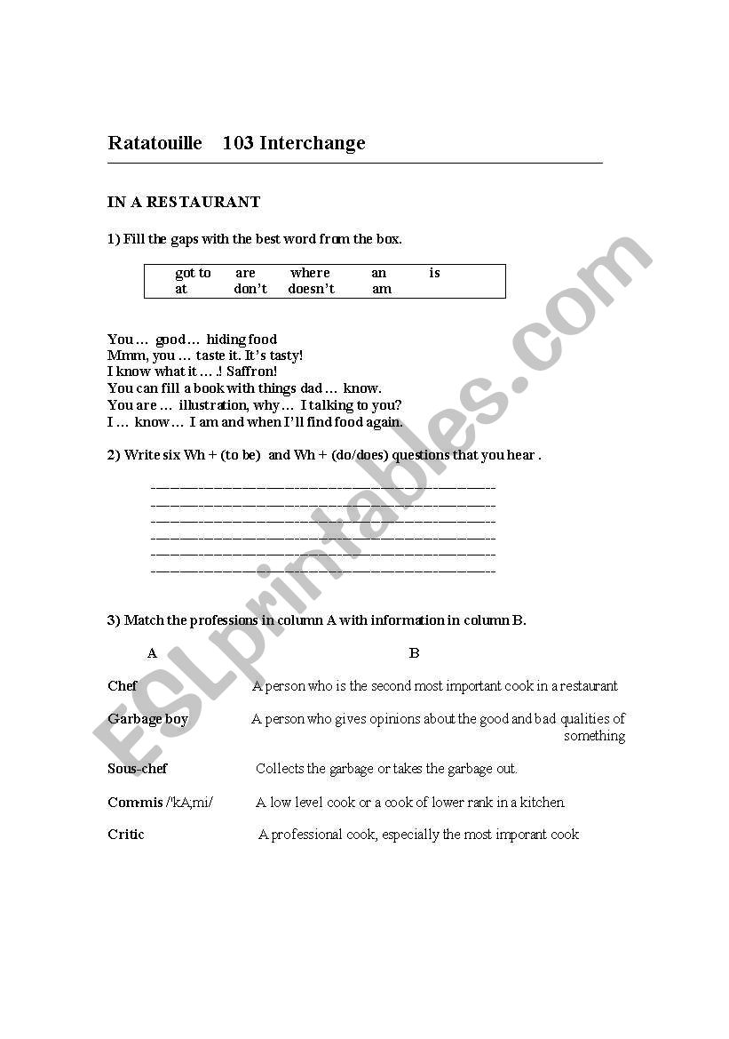 Ratatouille Interchange 103 worksheet