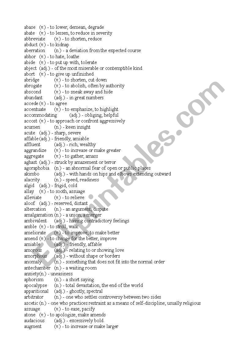 SSAT vocab worksheet