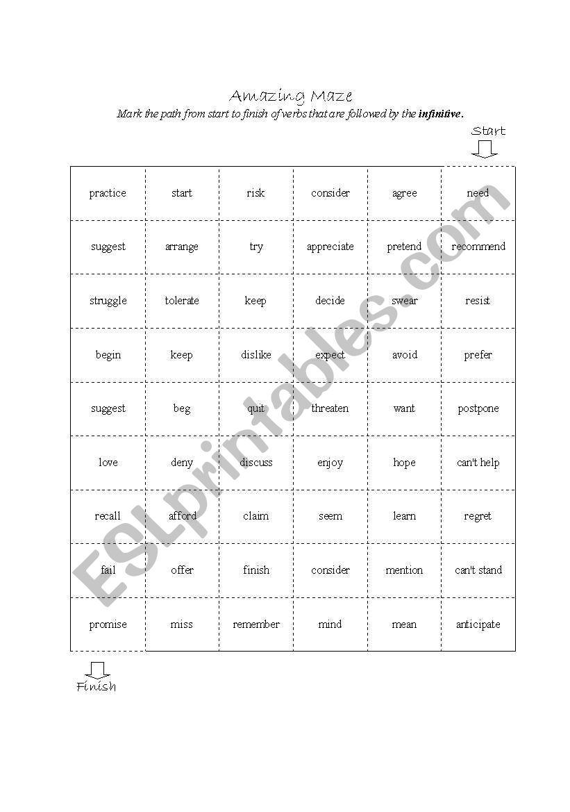 Gerund and Infinitive Maze worksheet