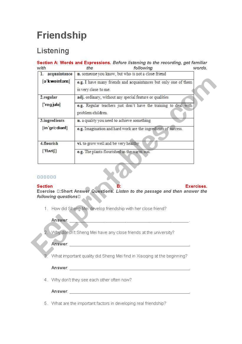 Friendship worksheet