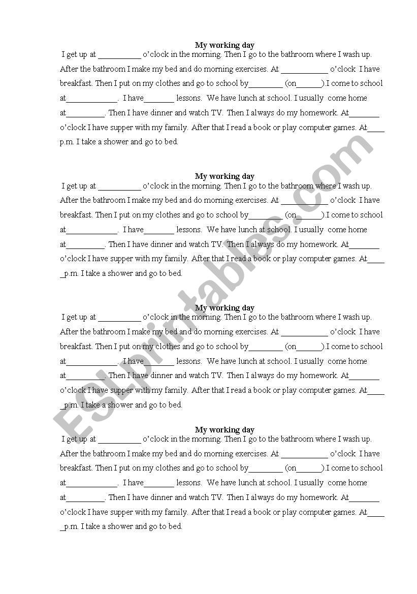 My working day worksheet