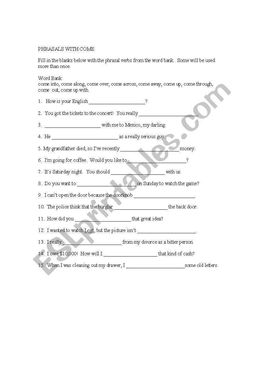 Phrasal Verbs: Come 1 worksheet