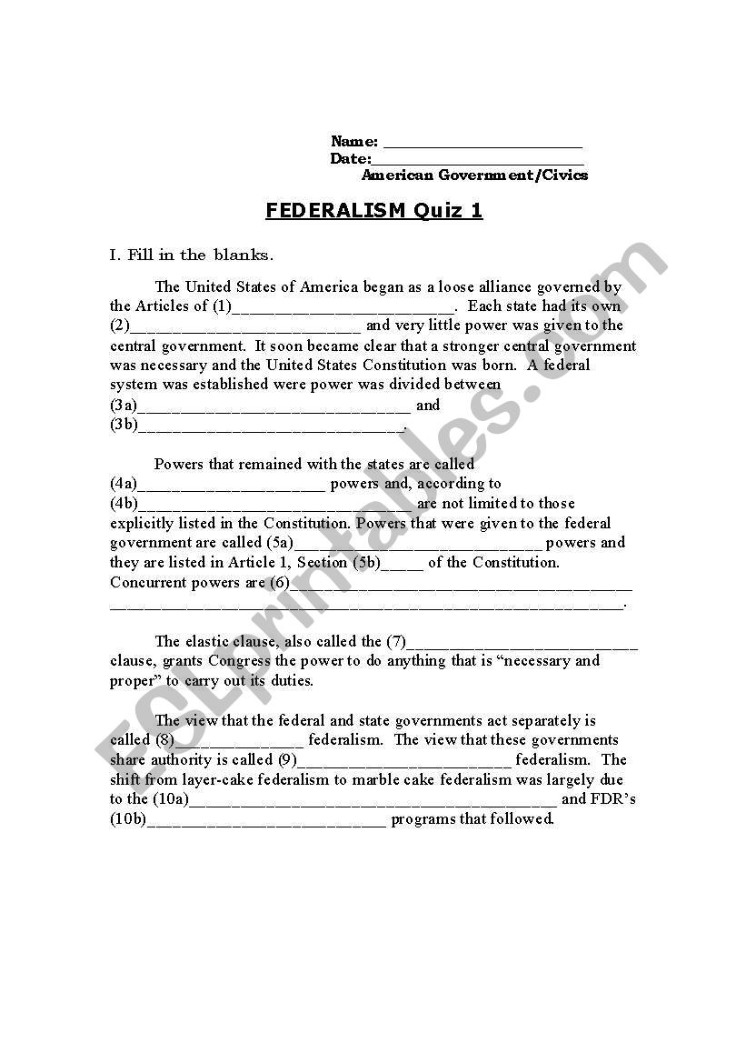 federalism worksheet