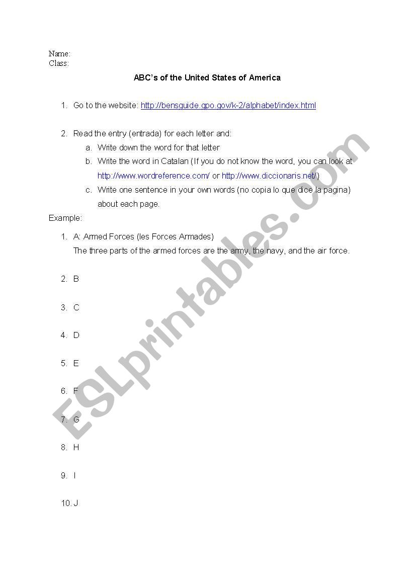 United States of America ABCs worksheet