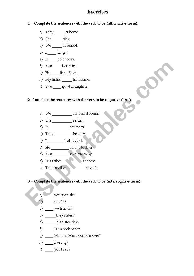 Exercises verb to be worksheet