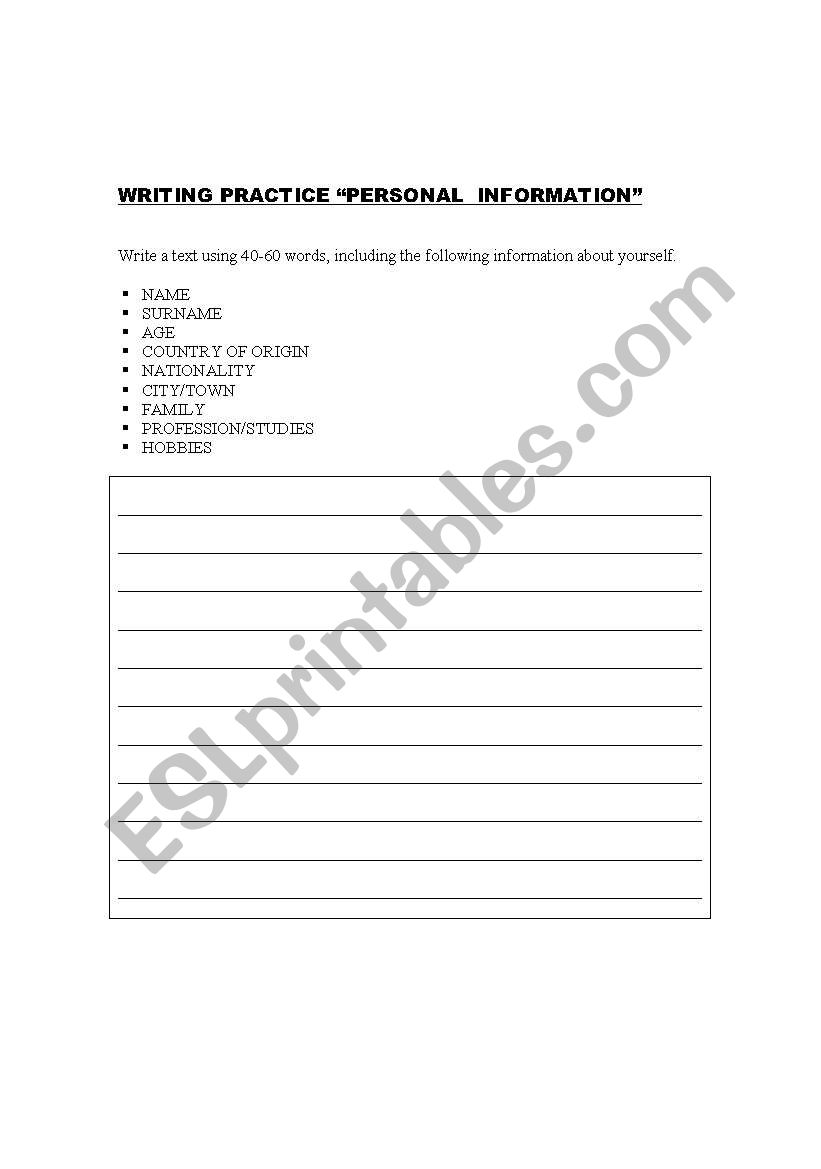 WRITING PRACTICE PERSONAL INFORMATION
