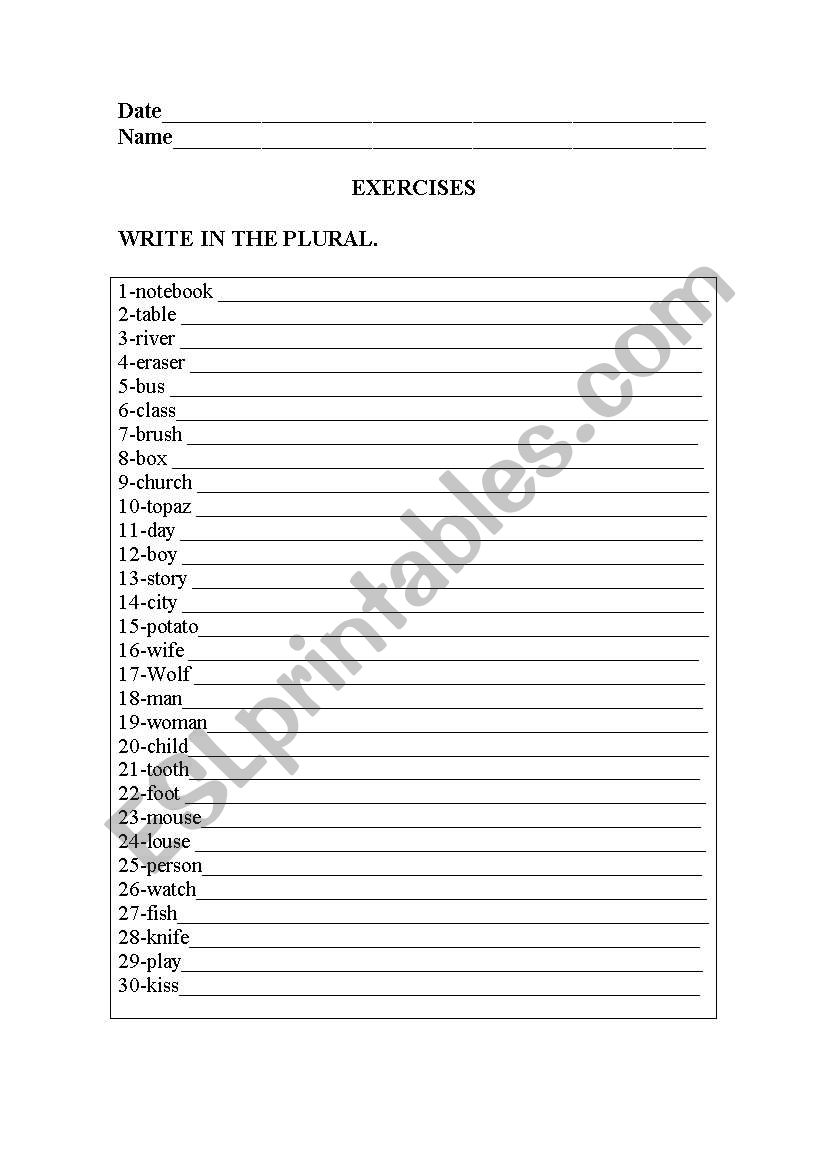 PLURAL OF NOUNS worksheet