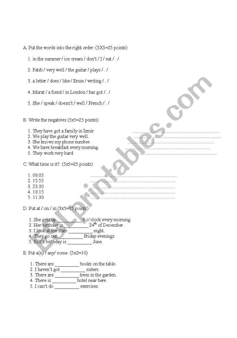 examination worksheet