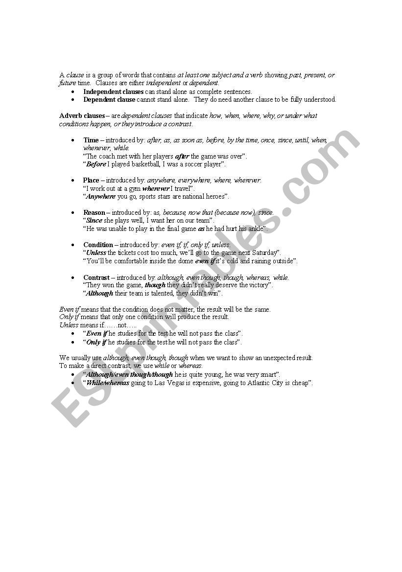 Adverb clauses worksheet