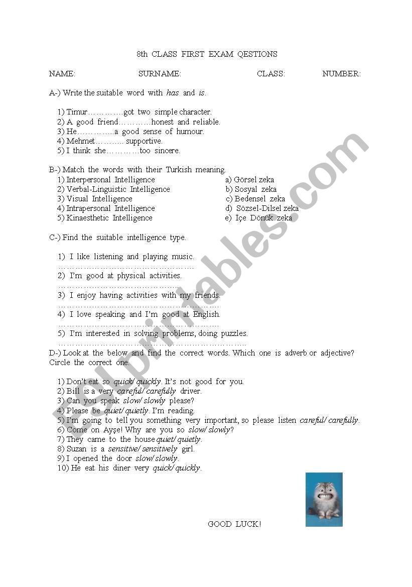 8th first exam worksheet