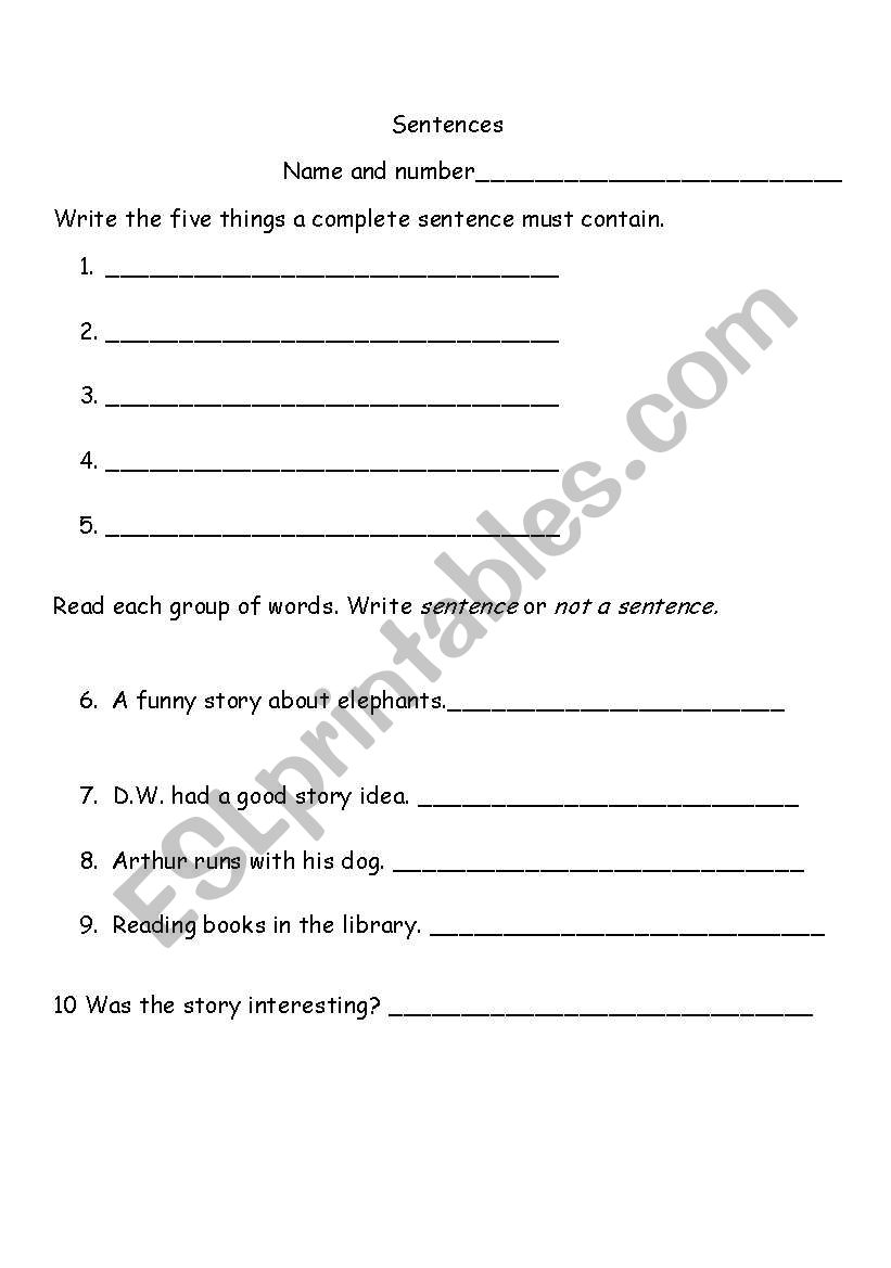 Sentences worksheet