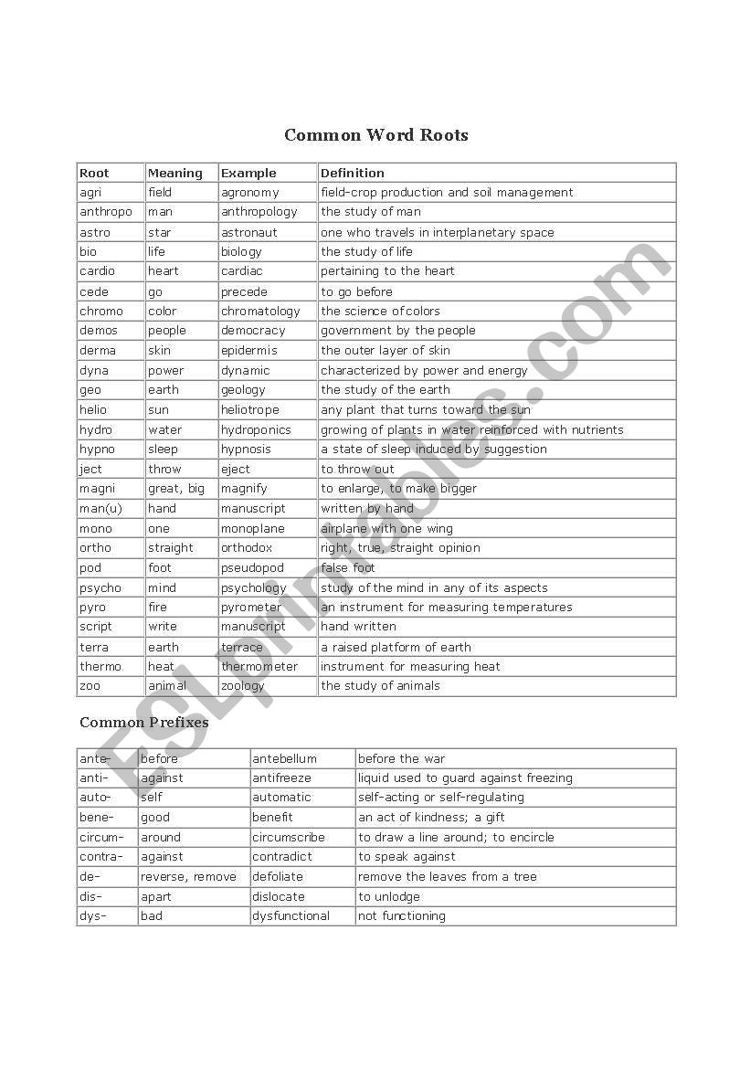 Word Roots worksheet