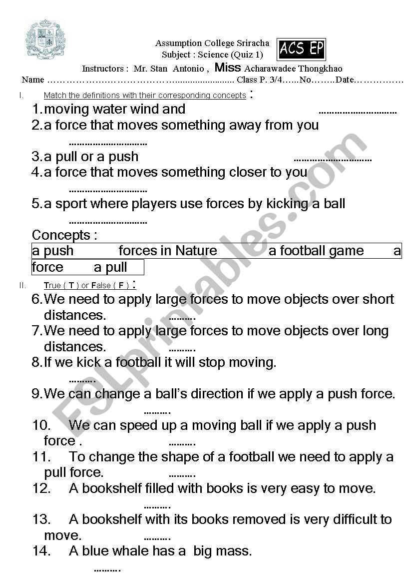 English Worksheets Forces P3