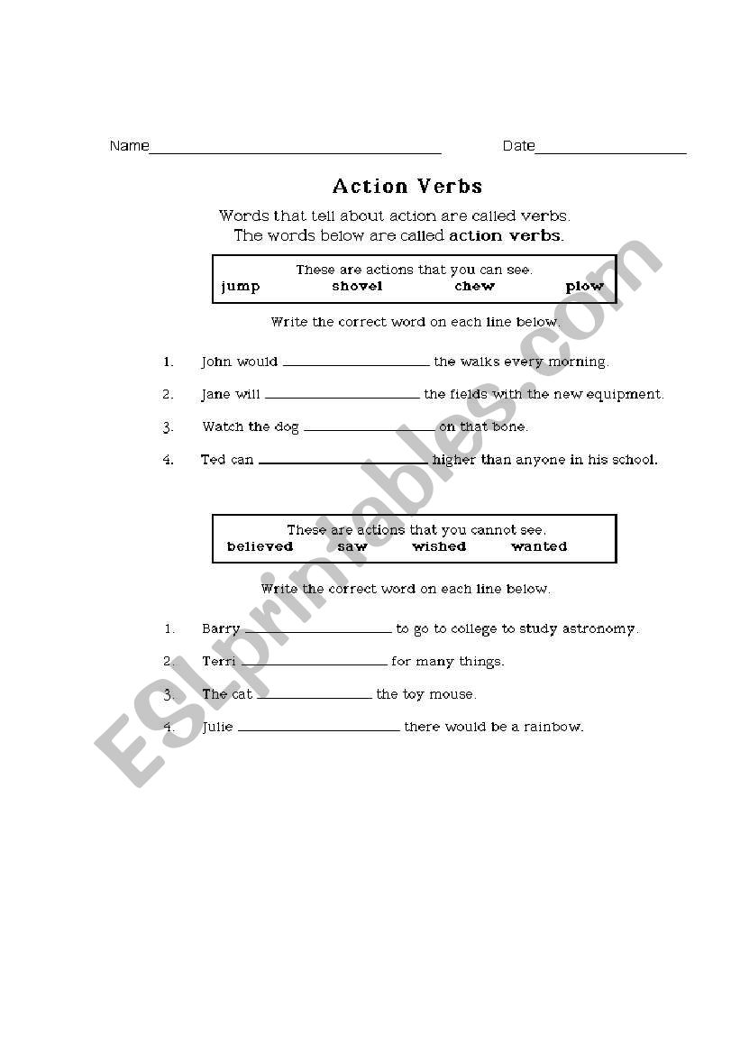 Action verbs worksheet