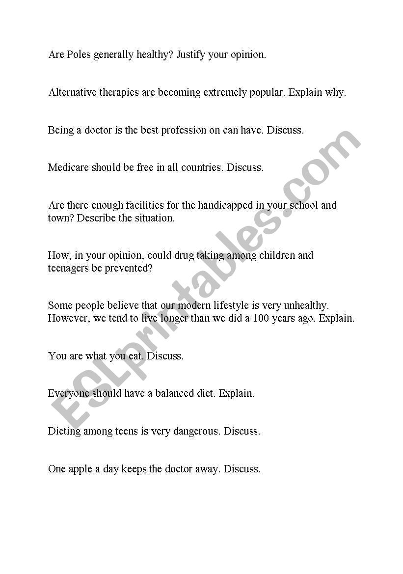 Speaking Topics - Health worksheet