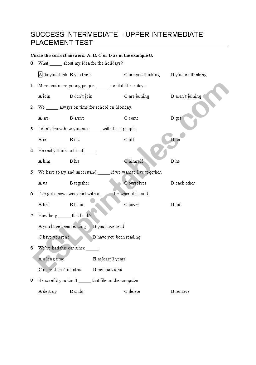 intermidiate test worksheet