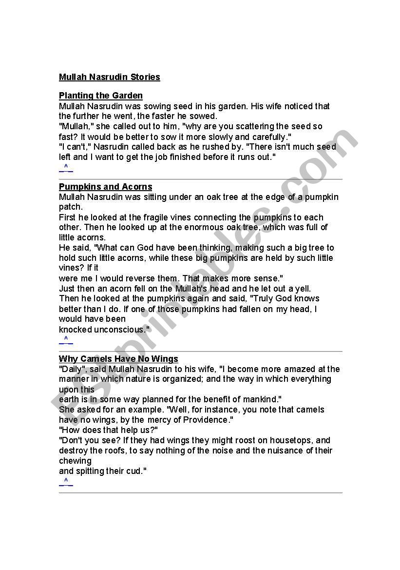 Mulla Nasruddin Stories worksheet