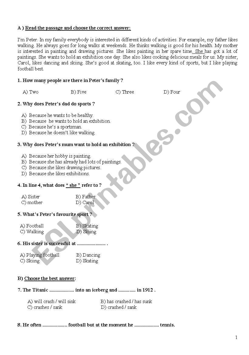 exam worksheet