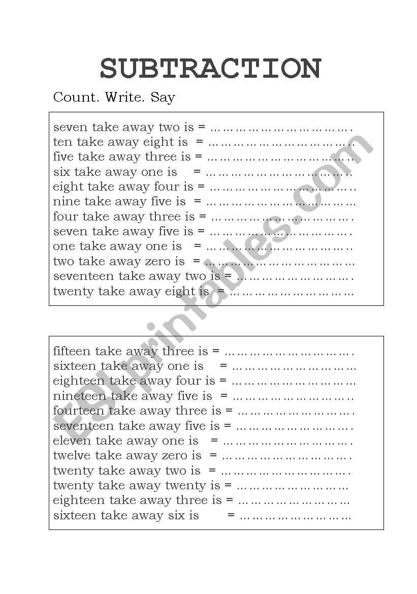 SUBTRACTION worksheet