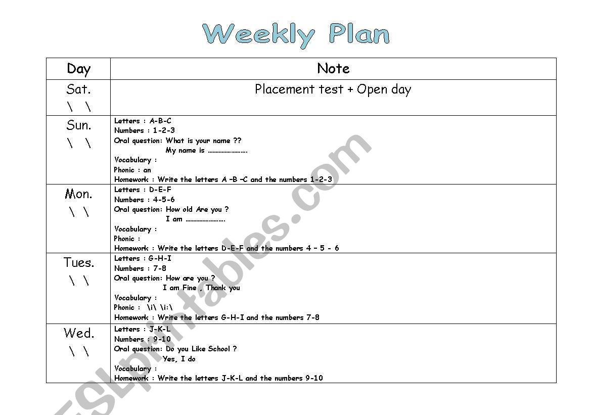 weekly plan worksheet