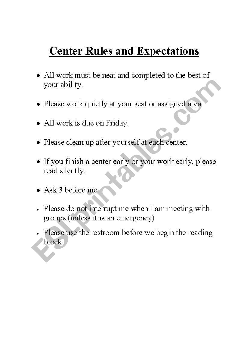 Center Rules and Expectations worksheet