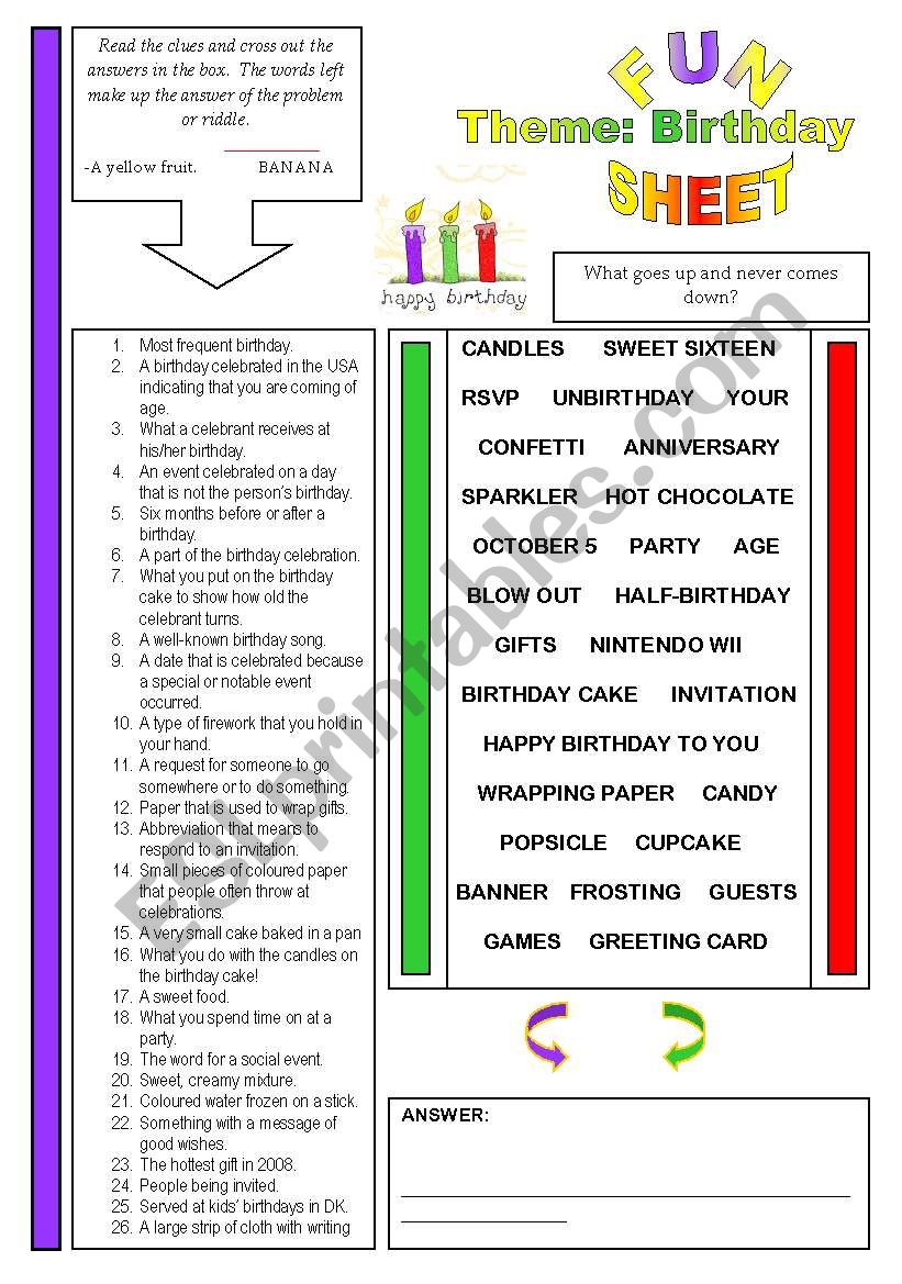 Fun Sheet Theme: Birthday worksheet