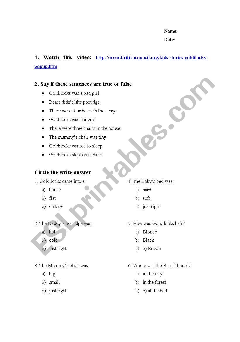 Goldilocks true or false worksheet