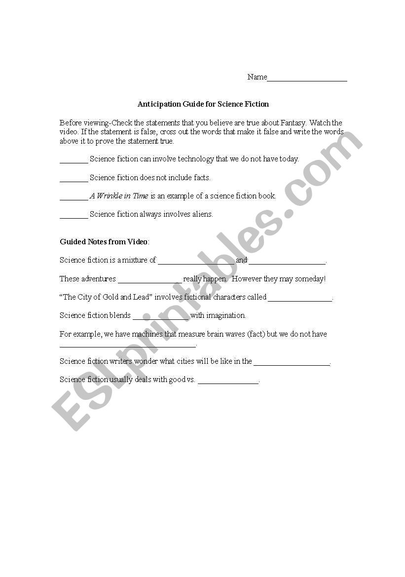 Science Fiction Anticipation worksheet