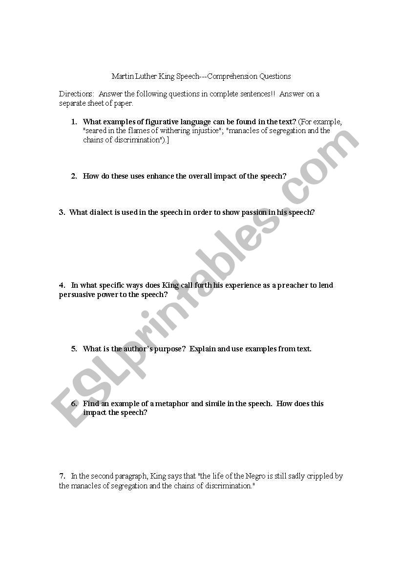 English worksheets: Martin Luther King Questions
